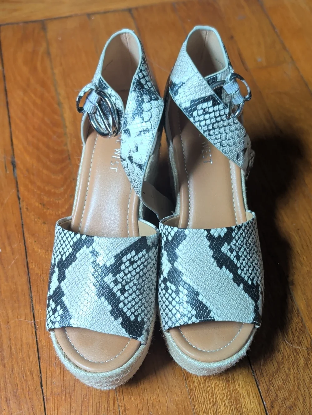 Snake-Print Espadrille Wedge Sandals in Black & White